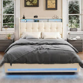 OYAJIA 4FT6 Double Size Bed Frame, Upholstered Platform Bed Frame With Lift Up Storage Drawers, Mattress Foundation With Metal Support, With USB Port & Led Light