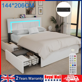 Modern 4FT6 Double Bed Frame with 4 Storage Drawers, Adjustable Headboard & LED Lights