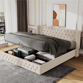 King Size Velvet Ottoman Storage Bed Frame with Hydraulic Lift | Beige