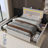 Modern 4FT6 Double Bed Frame with LED Lights, 4 Storage Drawers & Wooden Slats