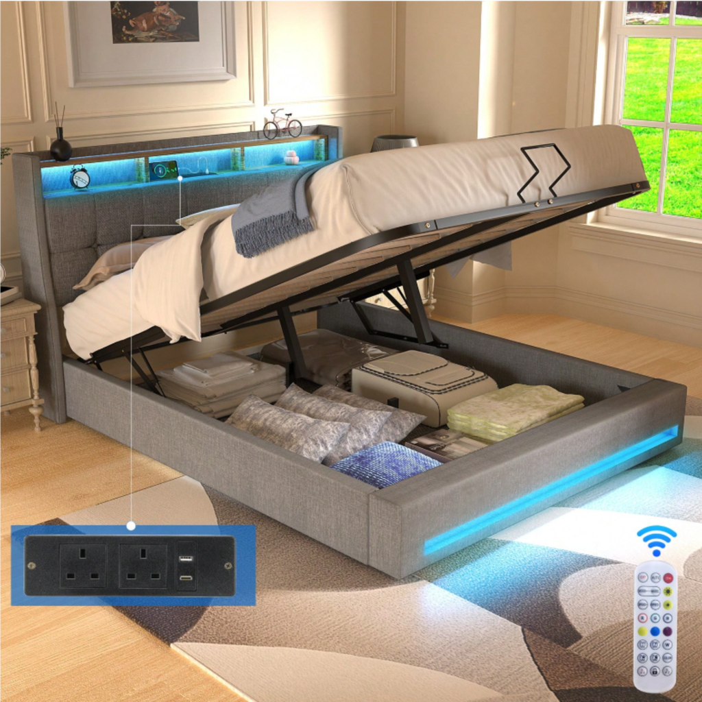4FT6 Double Ottoman Bed Frame with USB Charging Port, LED Light & Storage Drawers
