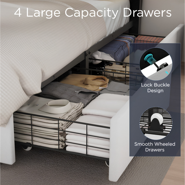 Modern 4FT6 Double Bed Frame with 4 Storage Drawers, Adjustable Headboard & LED Lights