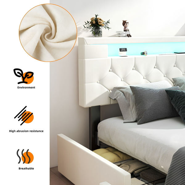 Premium Double Upholstered Storage Bed with LED Headboard, USB Charging & 4 Drawers