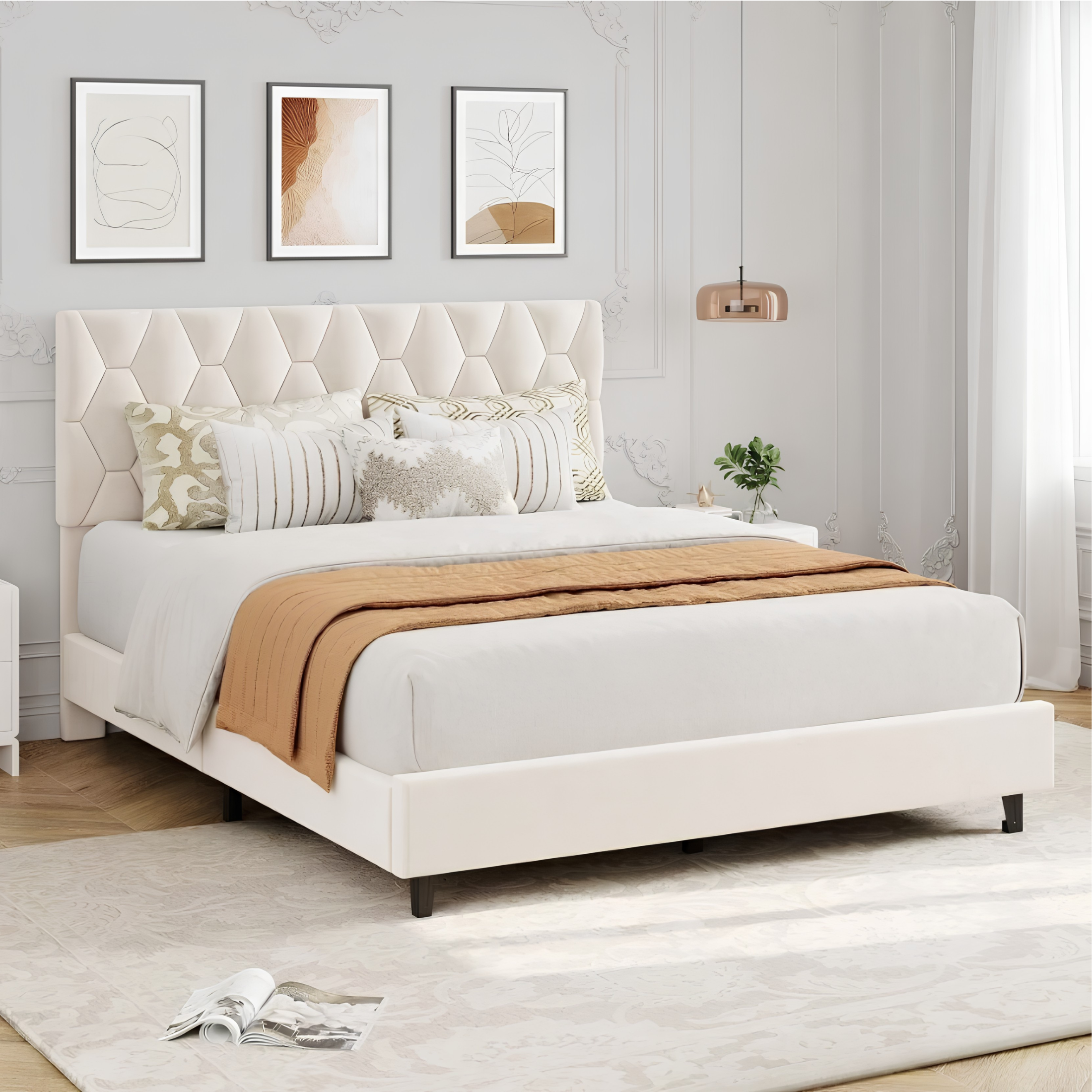 Noise-Free Upholstered Platform Bed with Solid Wood Slats & Headboard