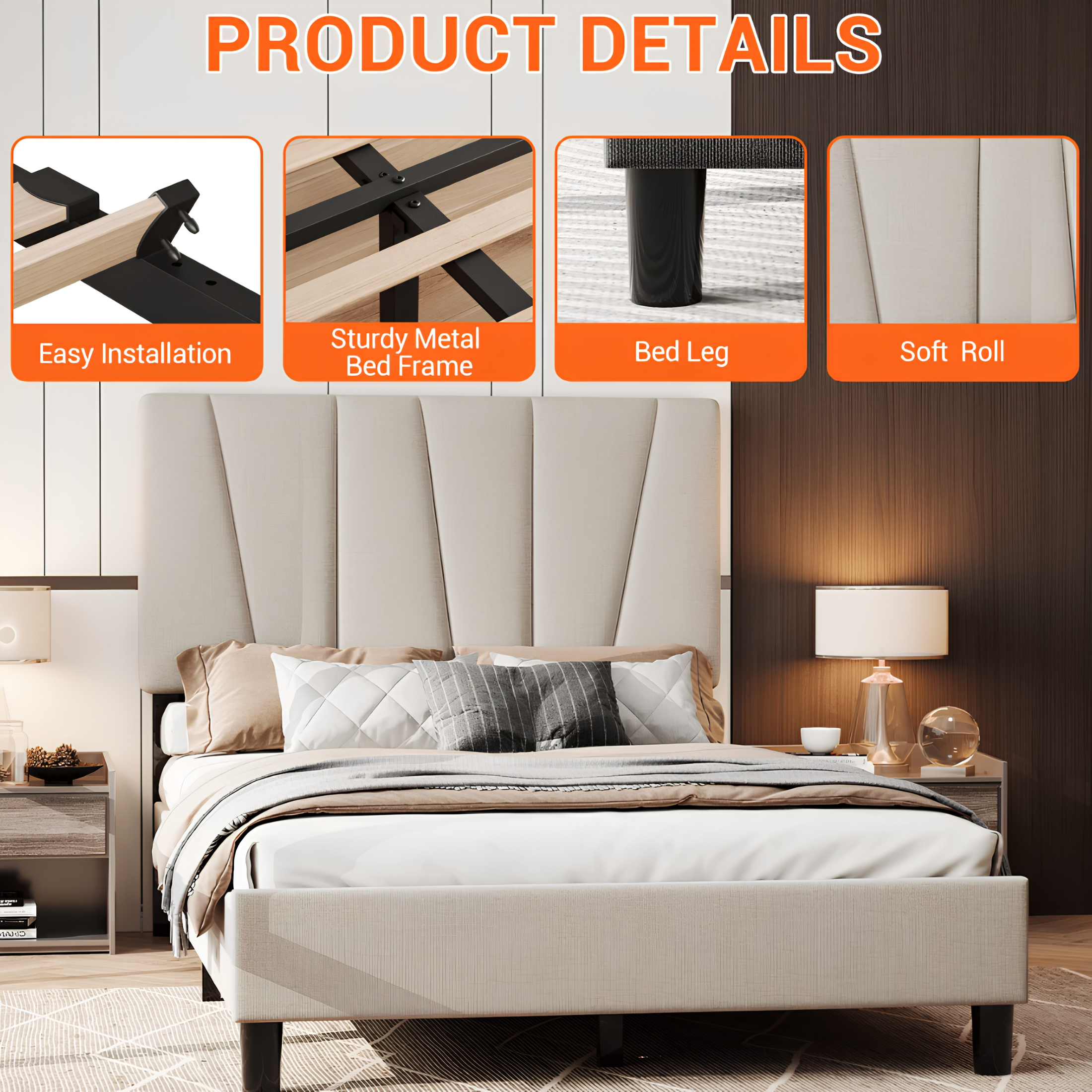 Modern Full Size Linen Bed Frame with Adjustable Wave Headboard