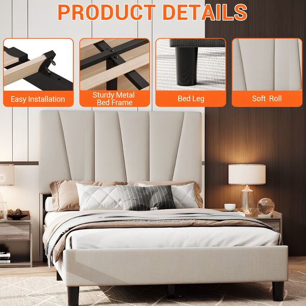 Modern Full Size Linen Bed Frame with Adjustable Wave Headboard