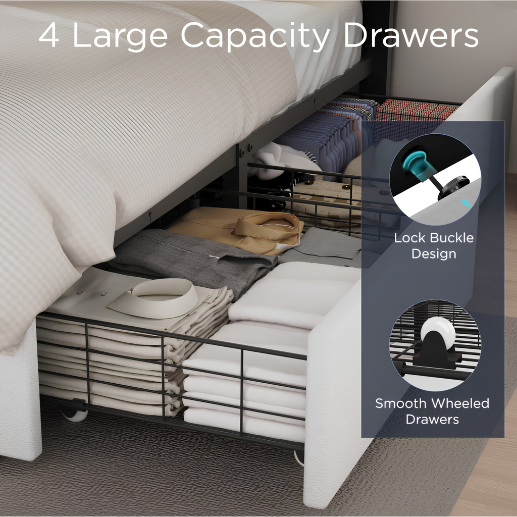 Modern 4FT6 Double Bed Frame with LED Lights, 4 Storage Drawers & Wooden Slats