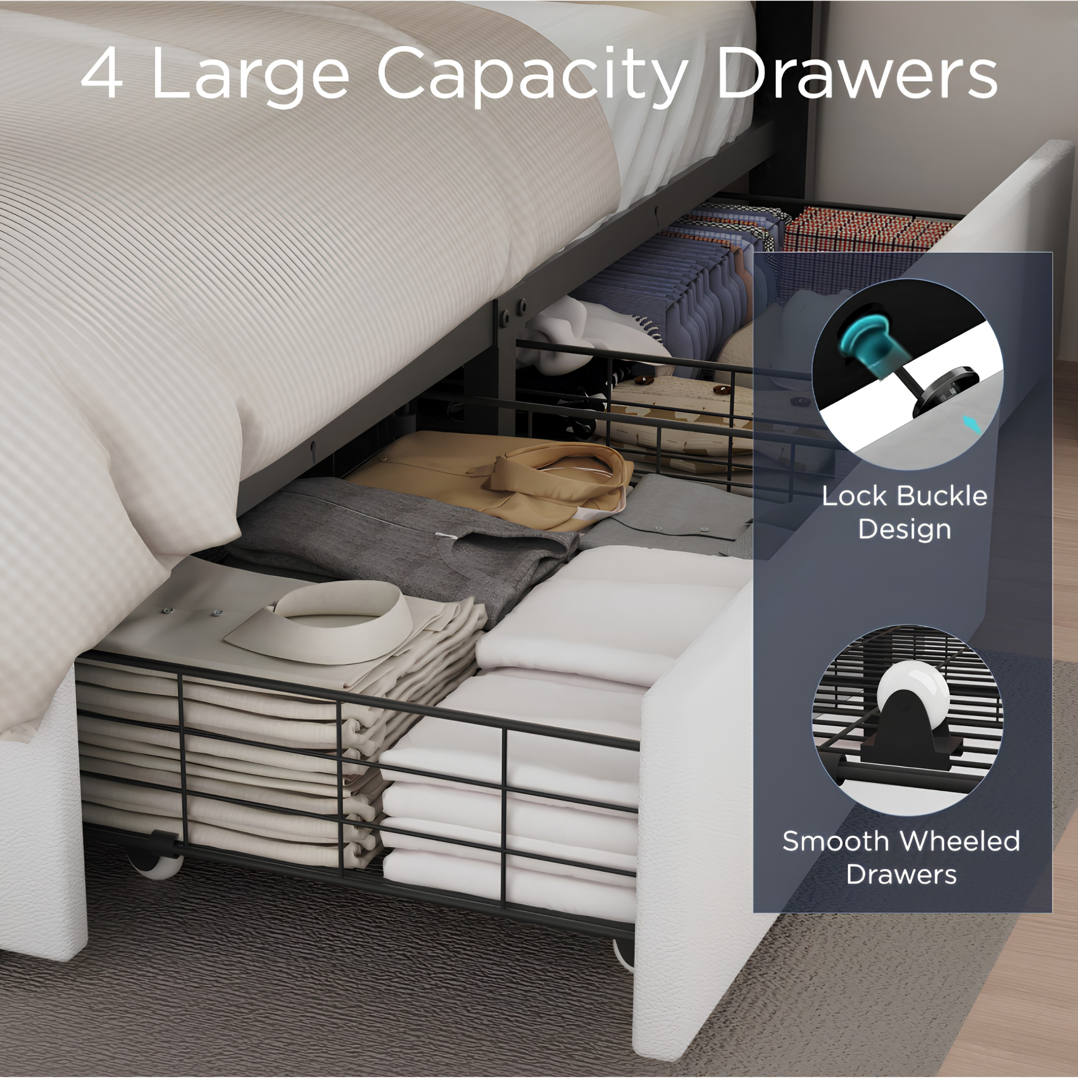 Modern 4FT6 Double Bed Frame with LED Lights, 4 Storage Drawers & Wooden Slats