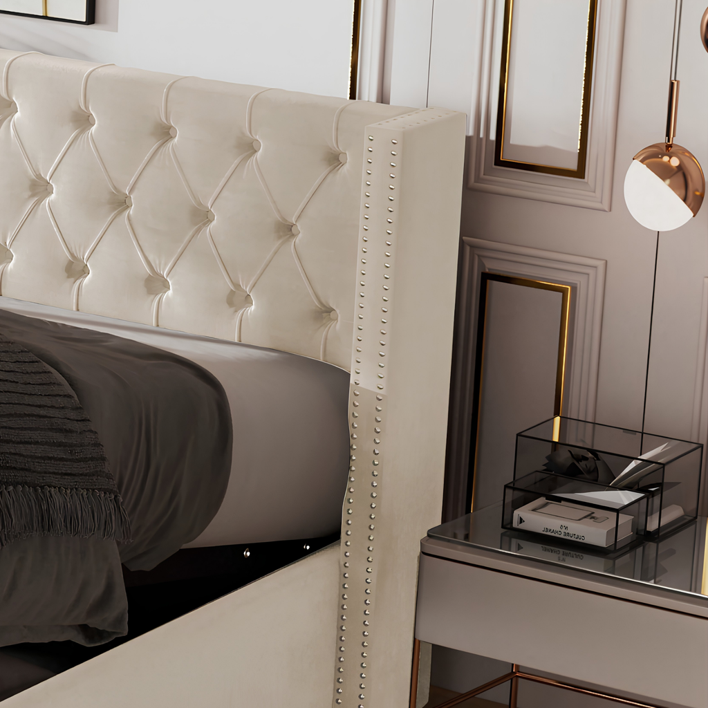 King Size Velvet Ottoman Storage Bed Frame with Hydraulic Lift | Beige