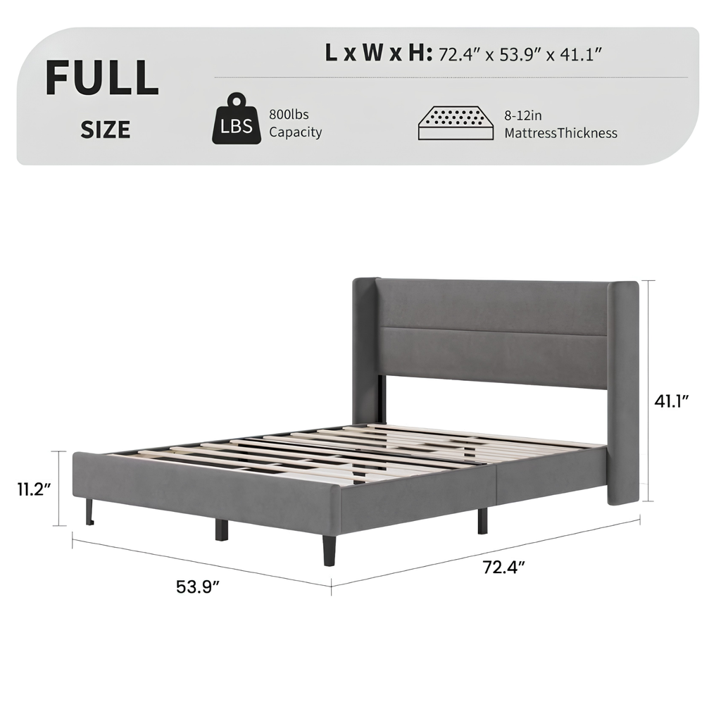 Luxury Full Size Velvet Bed Frame with Wingback Headboard | No Box Spring Required