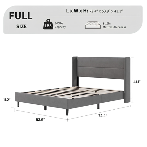 Luxury Full Size Velvet Bed Frame with Wingback Headboard | No Box Spring Required