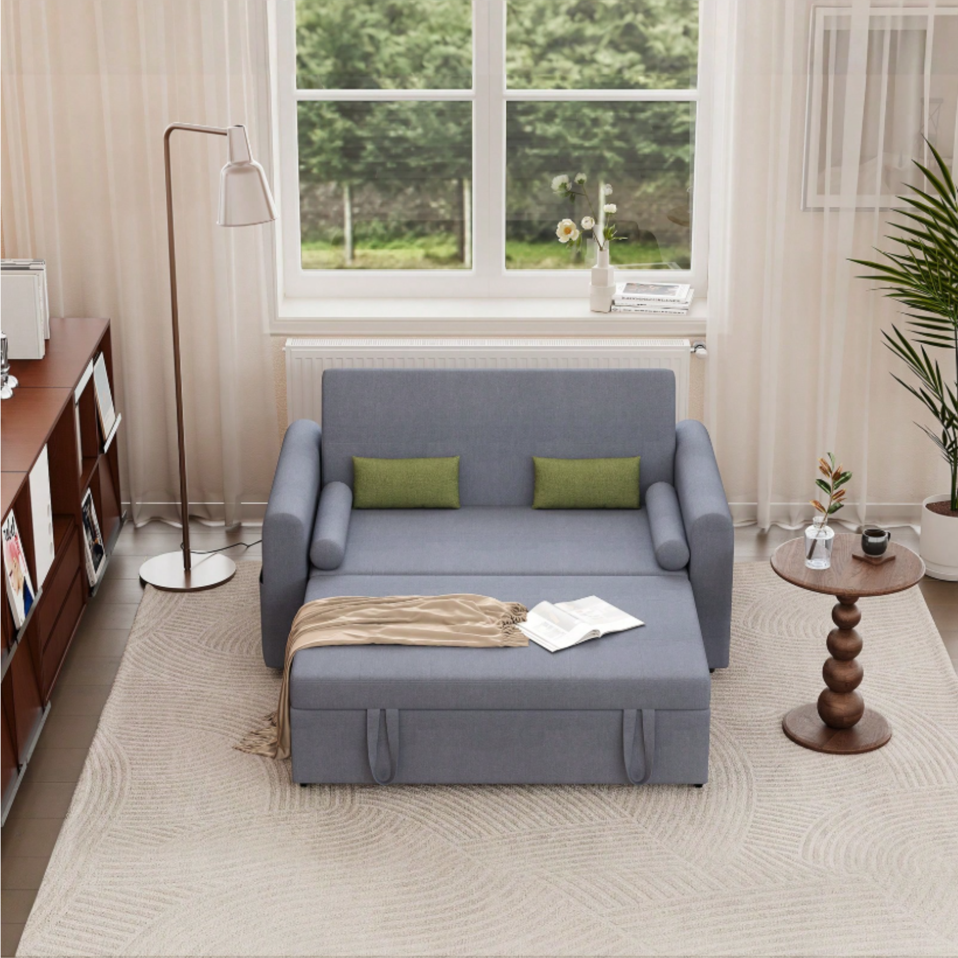 Multi-Function 2 Seater Sofa Bed with Pull-Out Bed, Side Storage Pockets & Adjustable Backrest