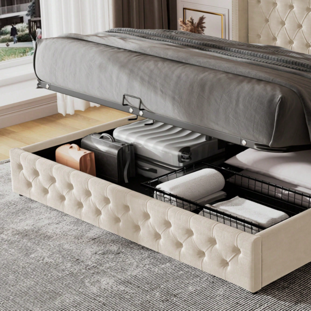 King Size Velvet Ottoman Storage Bed Frame with Hydraulic Lift | Beige