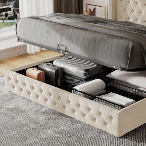 King Size Velvet Ottoman Storage Bed Frame with Hydraulic Lift | Beige