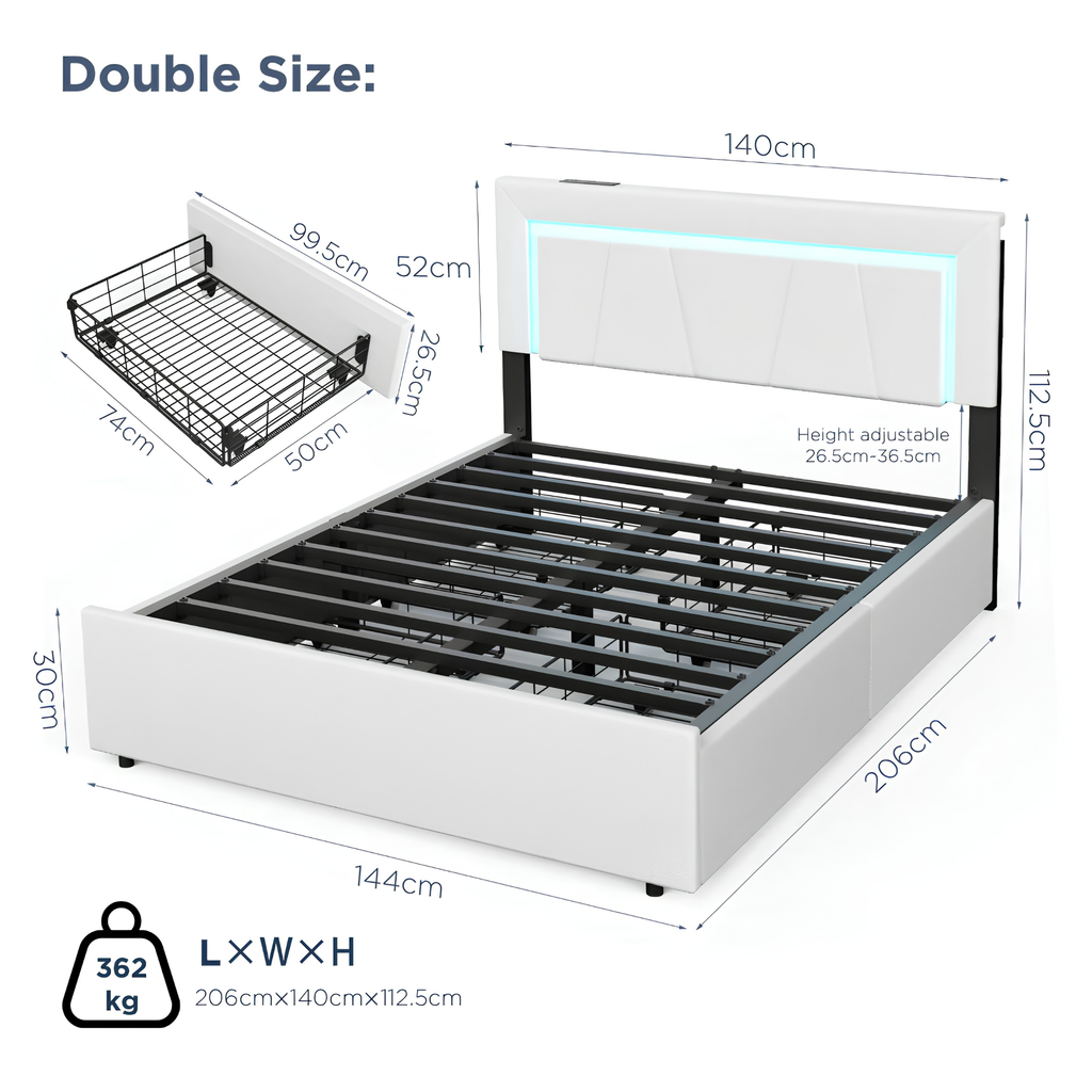 Modern 4FT6 Double Bed Frame with LED Lights, 4 Storage Drawers & Wooden Slats