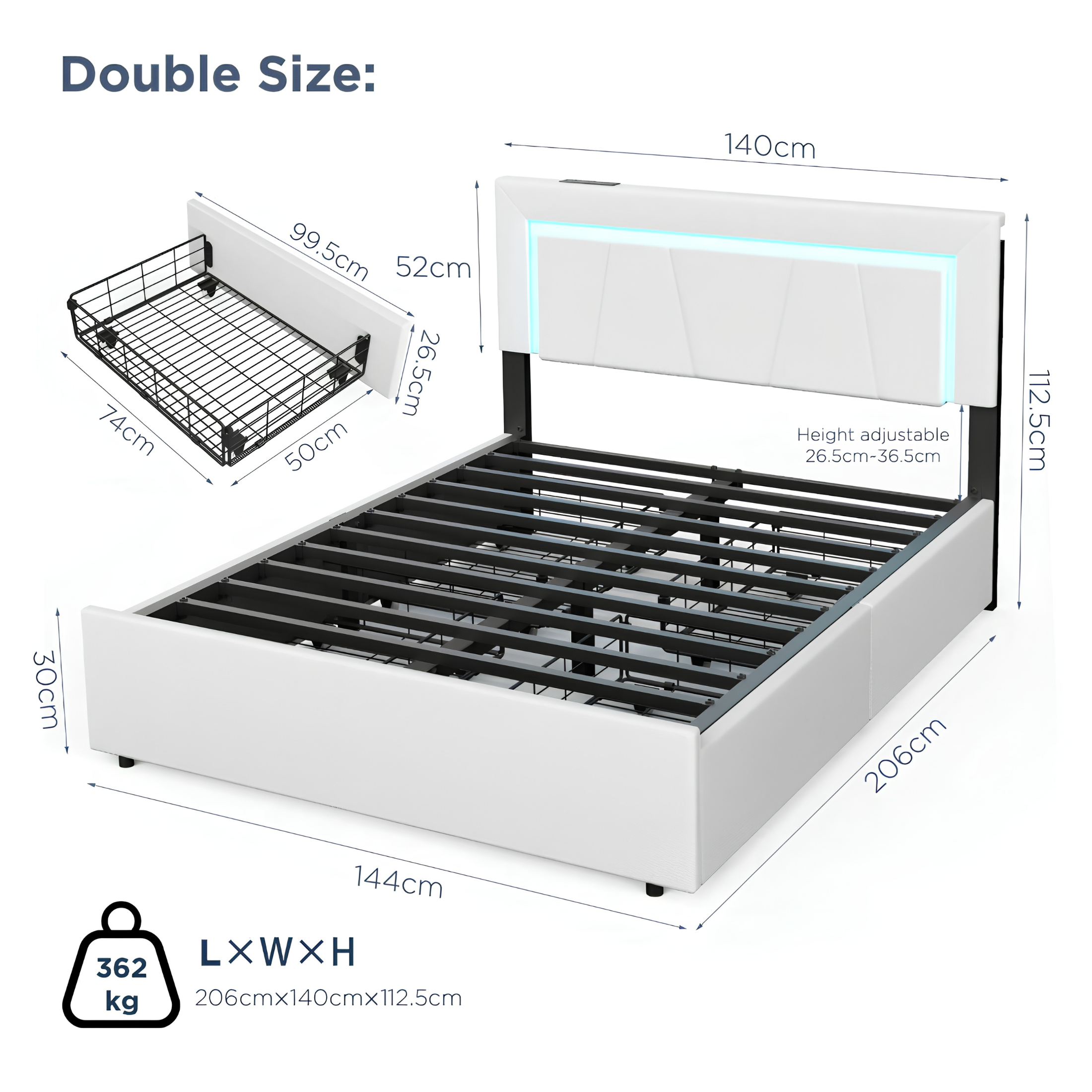 Modern 4FT6 Double Bed Frame with LED Lights, 4 Storage Drawers & Wooden Slats