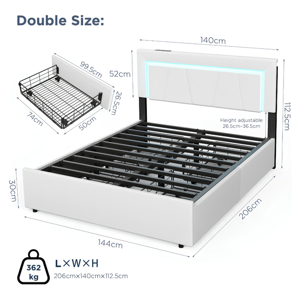 Modern 4FT6 Double Bed Frame with LED Lights, 4 Storage Drawers & Wooden Slats