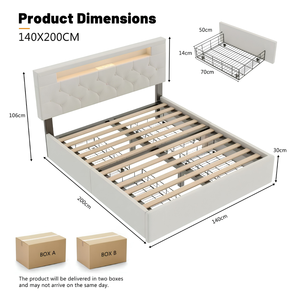 Premium Double Upholstered Storage Bed with LED Headboard, USB Charging & 4 Drawers