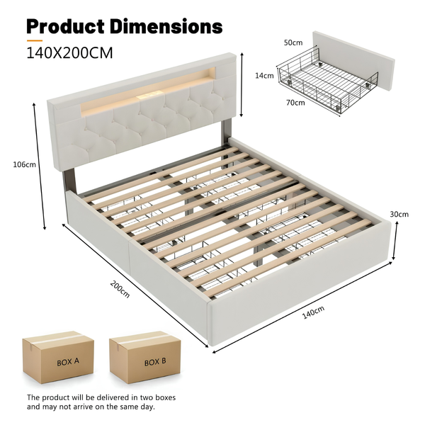 Premium Double Upholstered Storage Bed with LED Headboard, USB Charging & 4 Drawers