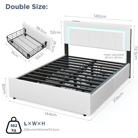 Modern 4FT6 Double Bed Frame with 4 Storage Drawers, Adjustable Headboard & LED Lights