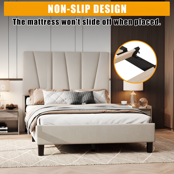 Premium Full Size Upholstered Platform Bed with Adjustable Headboard & Wooden Slat Support