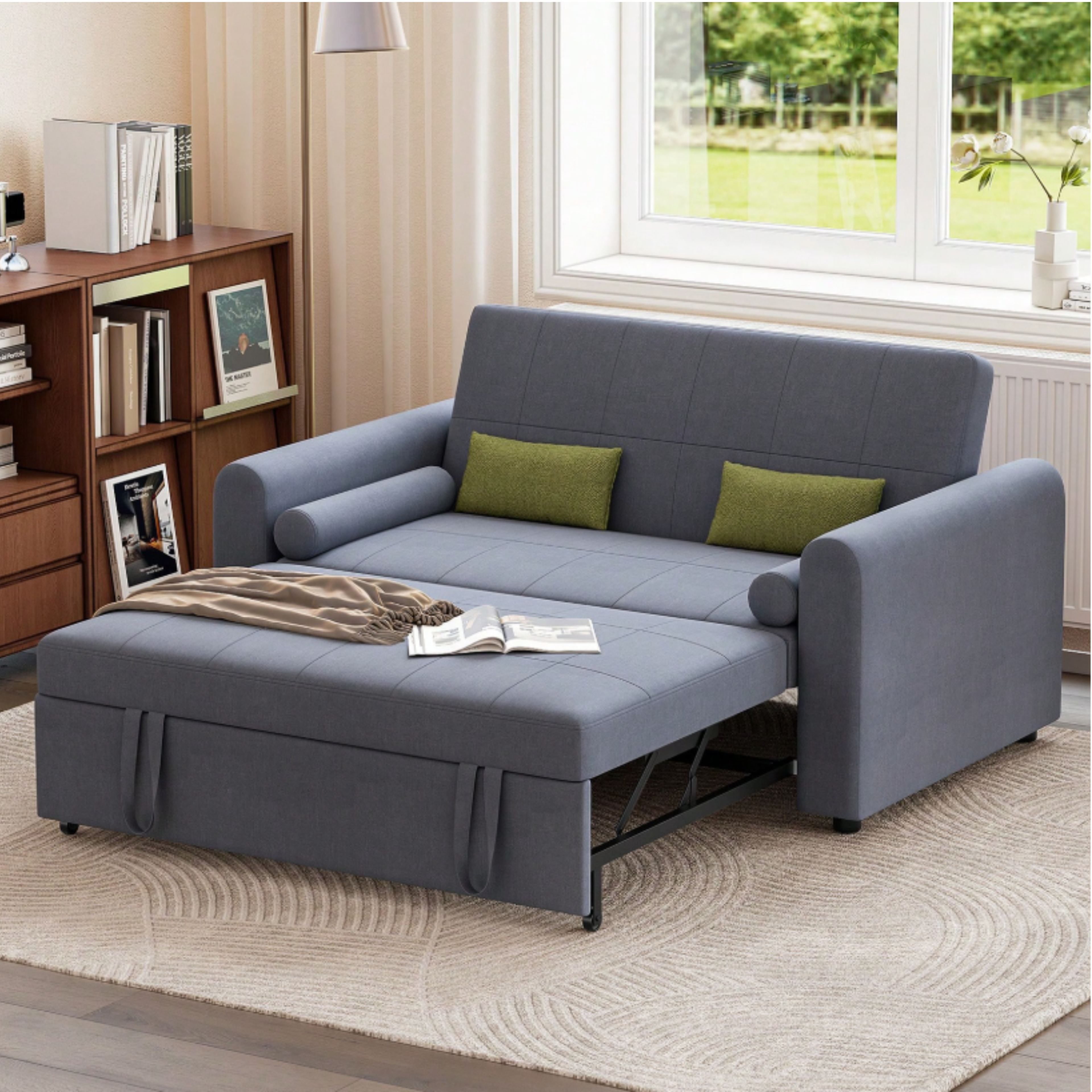 Multi-Function 2 Seater Sofa Bed with Pull-Out Bed, Side Storage Pockets & Adjustable Backrest
