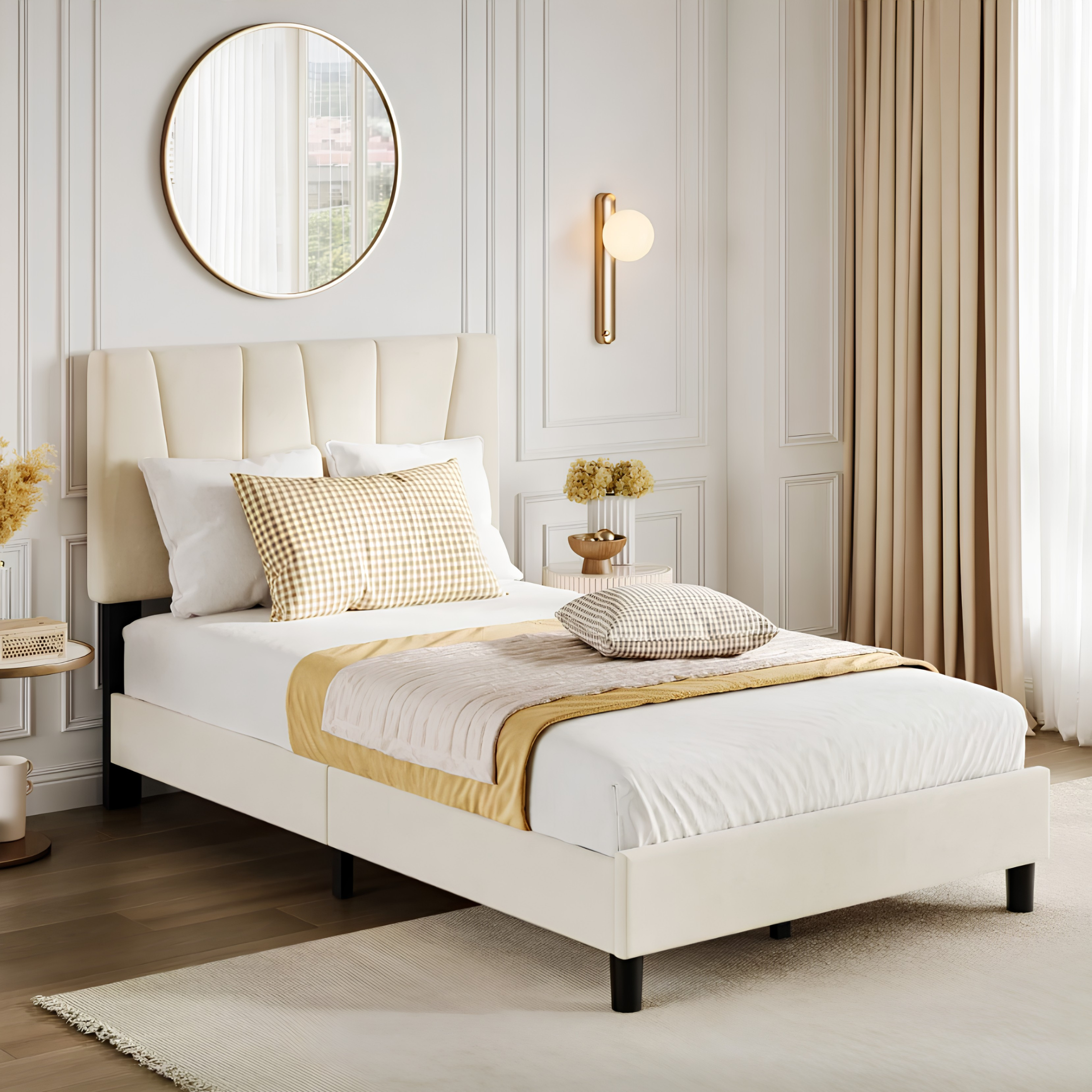 Premium Full Size Upholstered Platform Bed with Adjustable Headboard & Wooden Slat Support