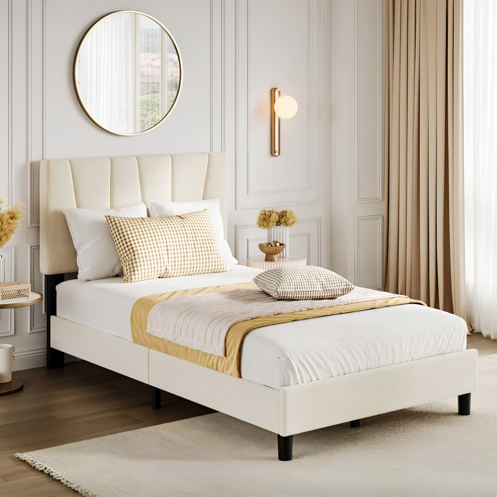 Modern Full Size Linen Bed Frame with Adjustable Wave Headboard