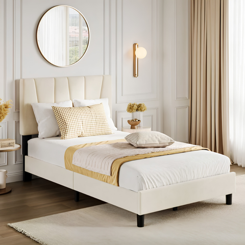 Modern Full Size Linen Bed Frame with Adjustable Wave Headboard