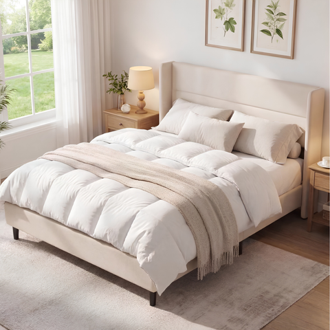 Luxury Full Size Velvet Bed Frame with Wingback Headboard | No Box Spring Required