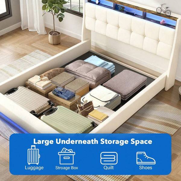 OYAJIA 4FT6 Double Size Bed Frame, Upholstered Platform Bed Frame With Lift Up Storage Drawers, Mattress Foundation With Metal Support, With USB Port & Led Light