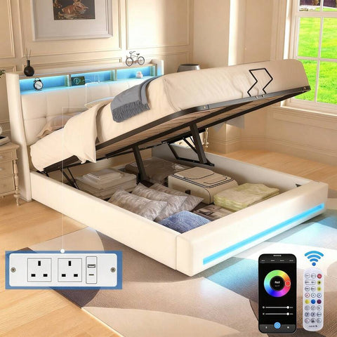 OYAJIA 4FT6 Double Size Bed Frame, Upholstered Platform Bed Frame With Lift Up Storage Drawers, Mattress Foundation With Metal Support, With USB Port & Led Light
