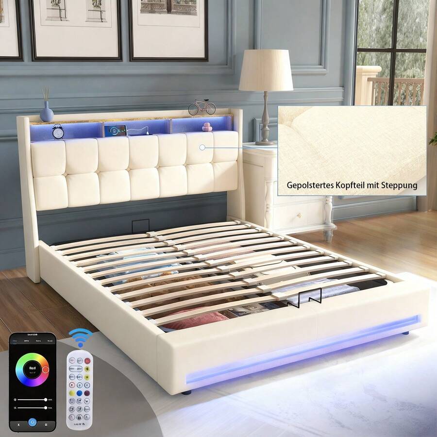 OYAJIA 4FT6 Double Size Bed Frame, Upholstered Platform Bed Frame With Lift Up Storage Drawers, Mattress Foundation With Metal Support, With USB Port & Led Light