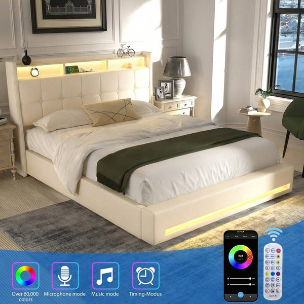 OYAJIA 4FT6 Double Size Bed Frame, Upholstered Platform Bed Frame With Lift Up Storage Drawers, Mattress Foundation With Metal Support, With USB Port & Led Light