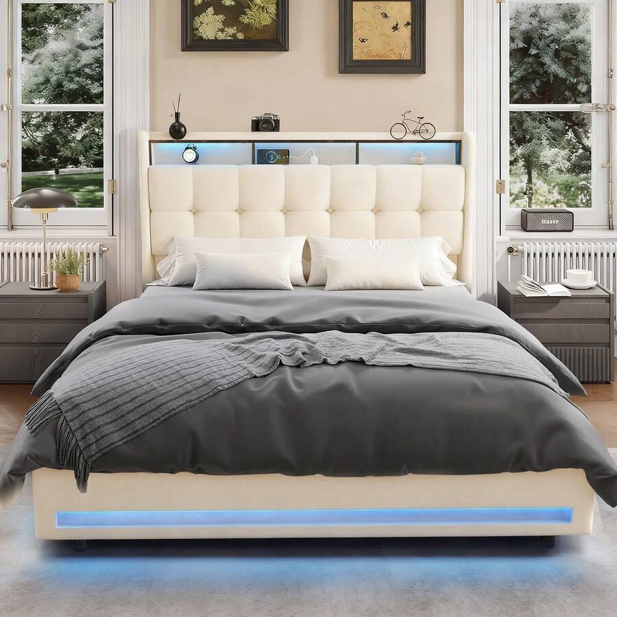 OYAJIA 4FT6 Double Size Bed Frame, Upholstered Platform Bed Frame With Lift Up Storage Drawers, Mattress Foundation With Metal Support, With USB Port & Led Light Main image