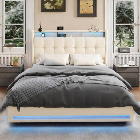 OYAJIA 4FT6 Double Size Bed Frame, Upholstered Platform Bed Frame With Lift Up Storage Drawers, Mattress Foundation With Metal Support, With USB Port & Led Light
