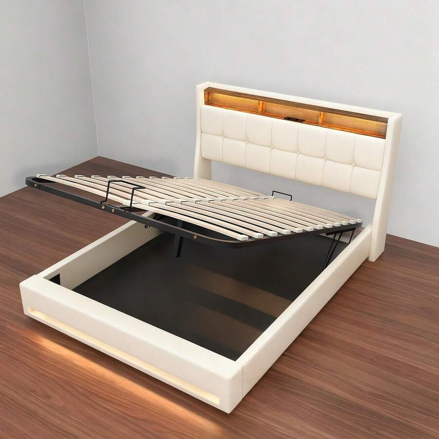 OYAJIA 4FT6 Double Size Bed Frame, Upholstered Platform Bed Frame With Lift Up Storage Drawers, Mattress Foundation With Metal Support, With USB Port & Led Light