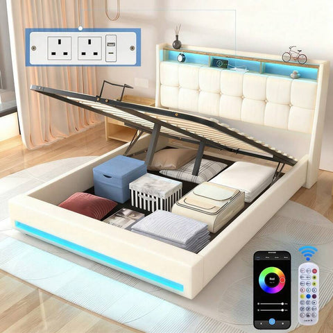 OYAJIA 4FT6 Double Size Bed Frame, Upholstered Platform Bed Frame With Lift Up Storage Drawers, Mattress Foundation With Metal Support, With USB Port & Led Light