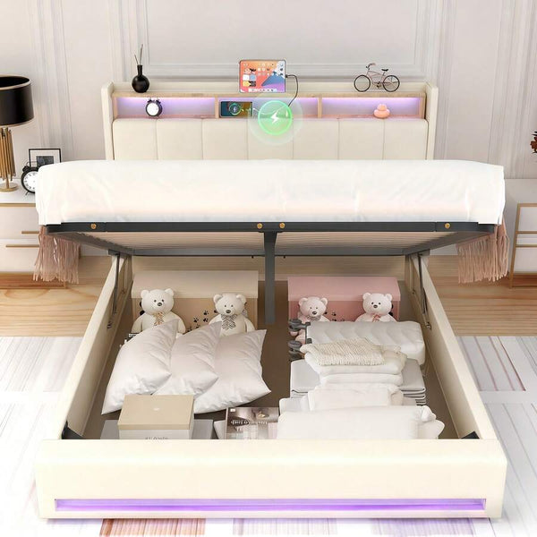 OYAJIA 4FT6 Double Size Bed Frame, Upholstered Platform Bed Frame With Lift Up Storage Drawers, Mattress Foundation With Metal Support, With USB Port & Led Light