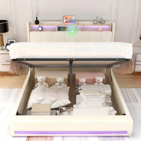 OYAJIA 4FT6 Double Size Bed Frame, Upholstered Platform Bed Frame With Lift Up Storage Drawers, Mattress Foundation With Metal Support, With USB Port & Led Light
