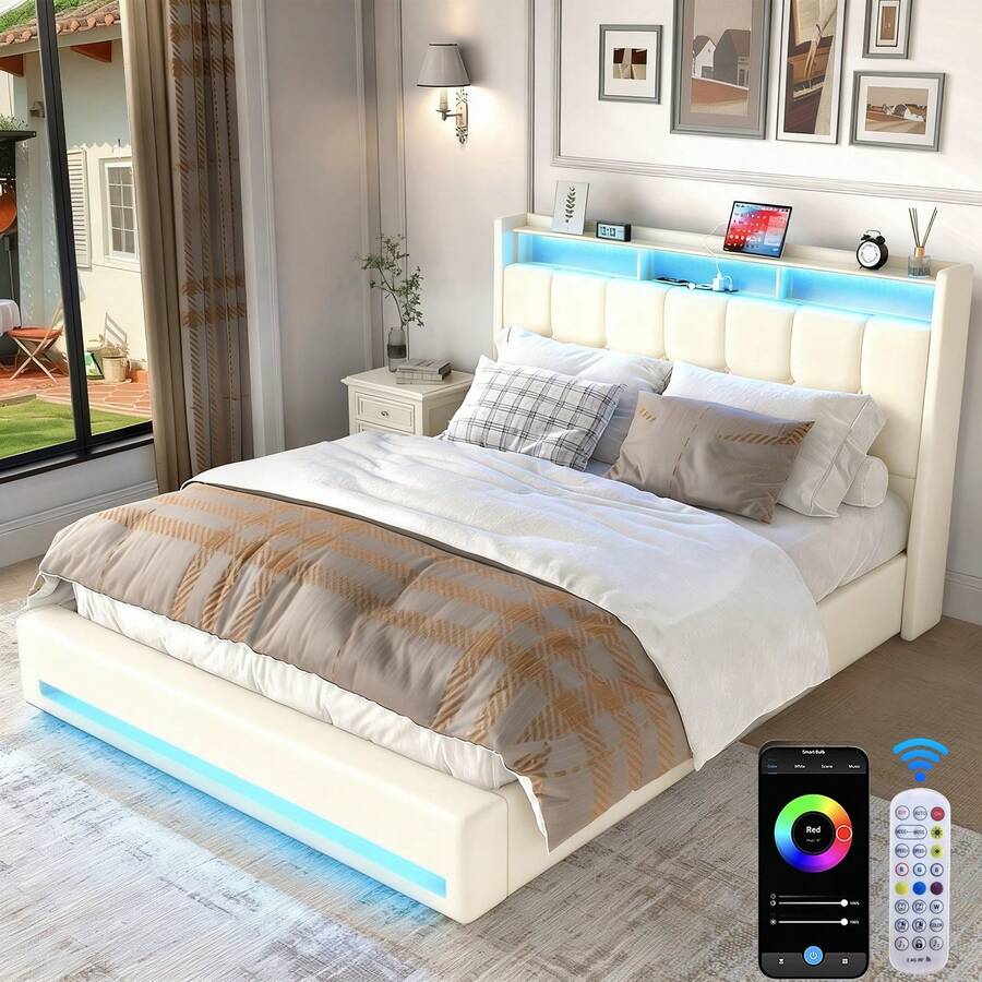 OYAJIA 4FT6 Double Size Bed Frame, Upholstered Platform Bed Frame With Lift Up Storage Drawers, Mattress Foundation With Metal Support, With USB Port & Led Light