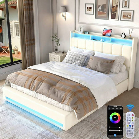 OYAJIA 4FT6 Double Size Bed Frame, Upholstered Platform Bed Frame With Lift Up Storage Drawers, Mattress Foundation With Metal Support, With USB Port & Led Light