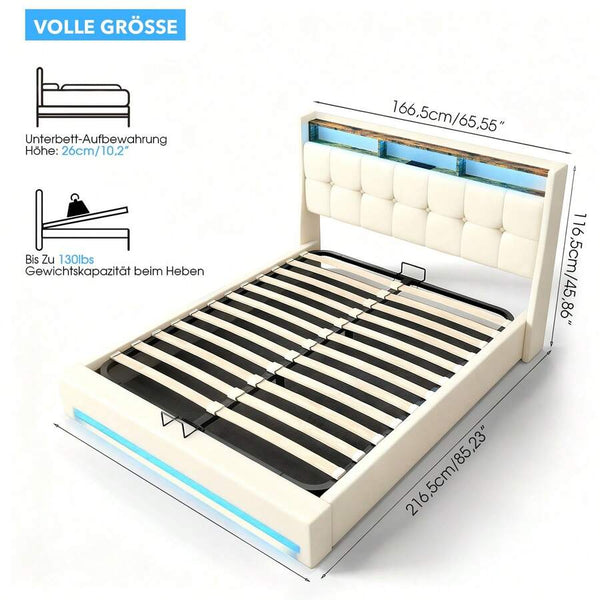 OYAJIA 4FT6 Double Size Bed Frame, Upholstered Platform Bed Frame With Lift Up Storage Drawers, Mattress Foundation With Metal Support, With USB Port & Led Light