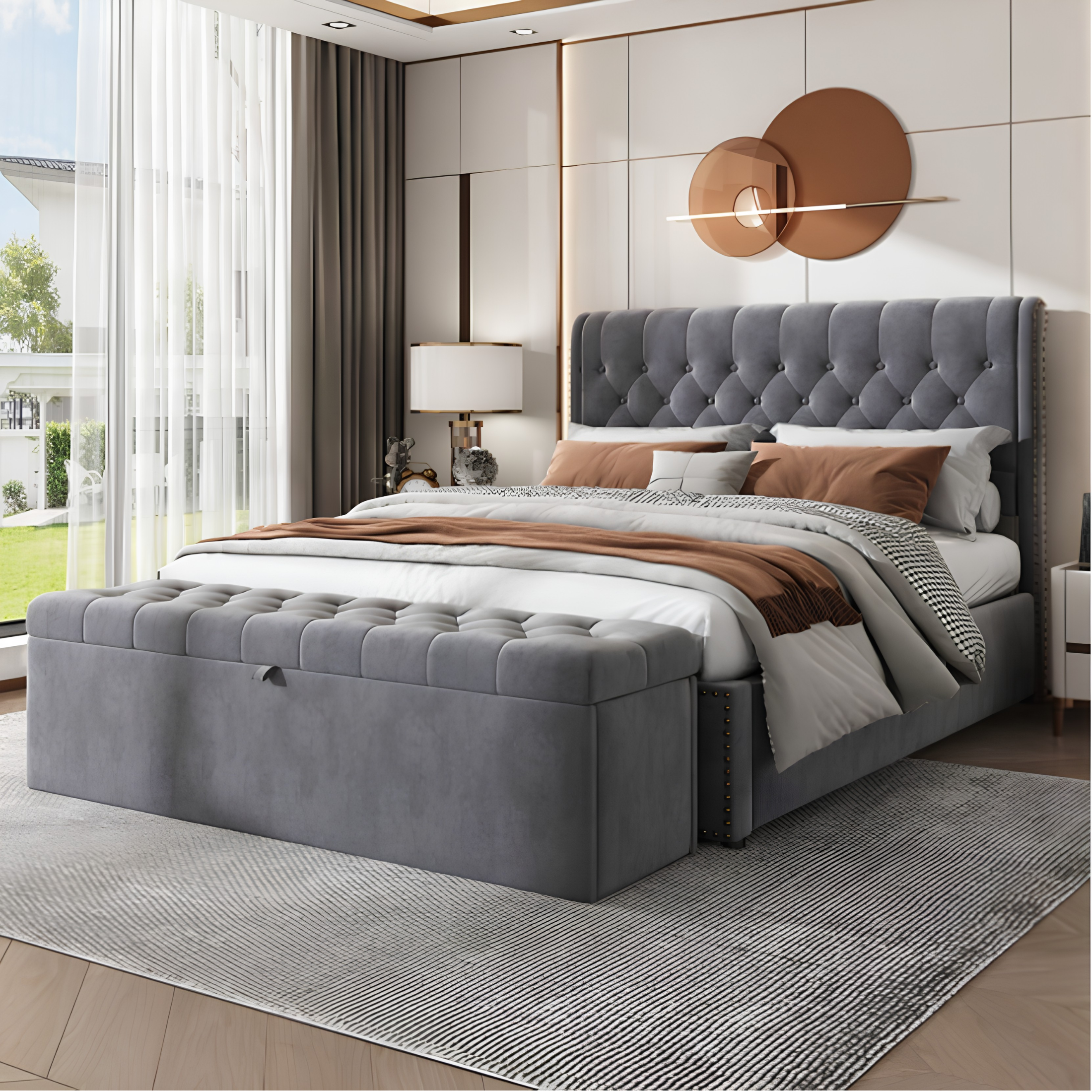 5FT King Size Velvet Ottoman Bed Frame | Hydraulic Storage, Upholstered Headboard & Wooden Slat Support