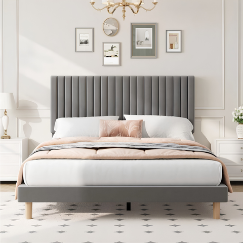 Upholstered Platform Bed Frame with Adjustable Channel-Tufted Headboard & Wooden Slat Support