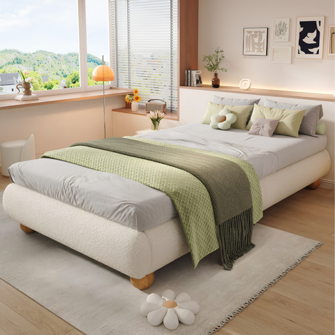 3FT Single Bouclé Upholstered Platform Bed Frame with Wooden Slat Support