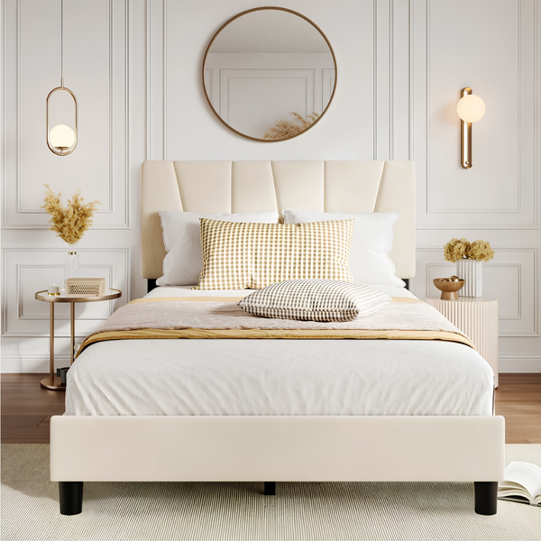 Premium Full Size Upholstered Platform Bed with Adjustable Headboard & Wooden Slat Support