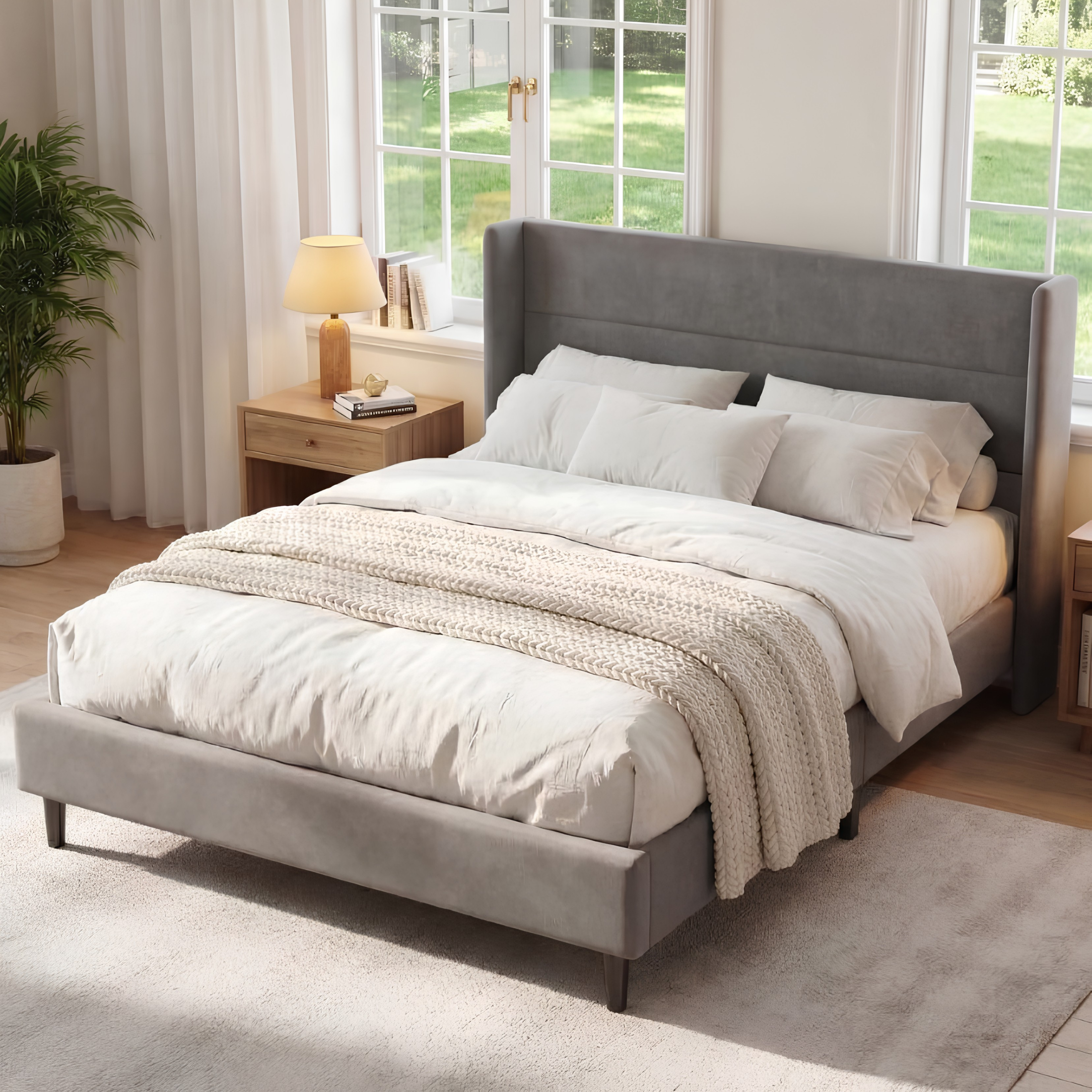 Luxury Full Size Velvet Bed Frame with Wingback Headboard | No Box Spring Required