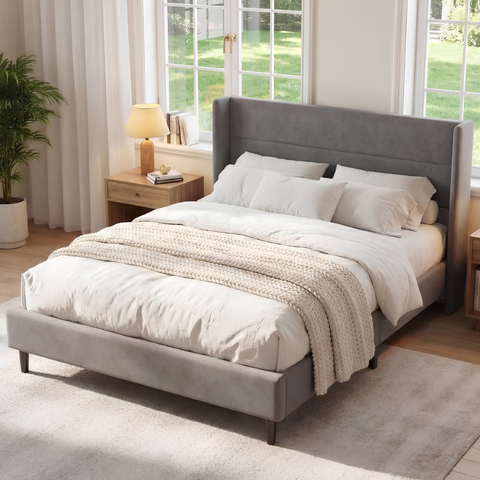 Luxury Full Size Velvet Bed Frame with Wingback Headboard | No Box Spring Required
