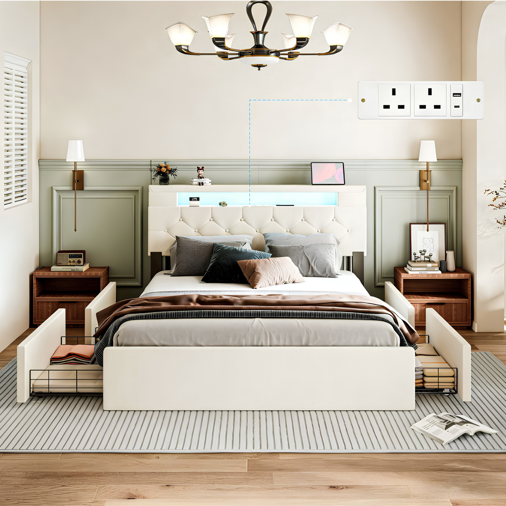 Premium Double Upholstered Storage Bed with LED Headboard, USB Charging & 4 Drawers